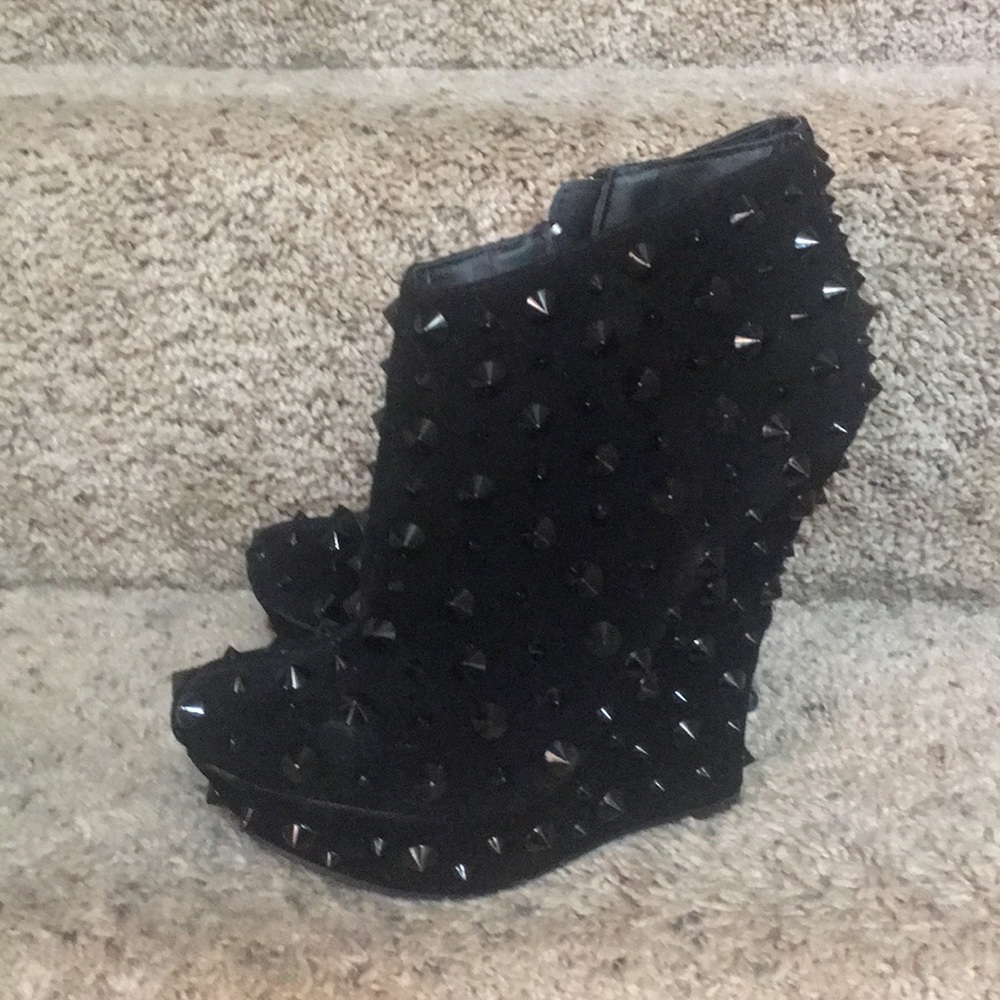 Black suede velvet ankle bootie with studs